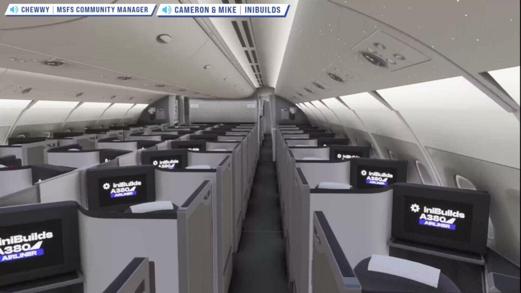 Cabine de passageiros do A380 da iniBuilds no Microsoft Flight Simulator 2024
