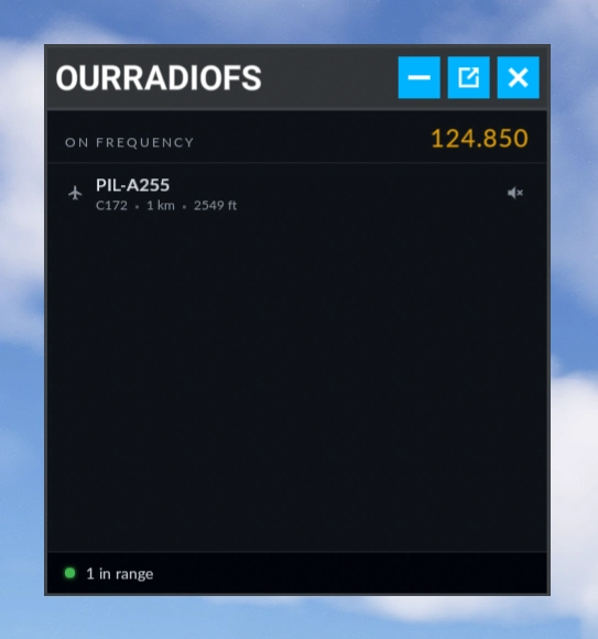 Interface do OurRadioFS com frequências de rádio VHF no simulador