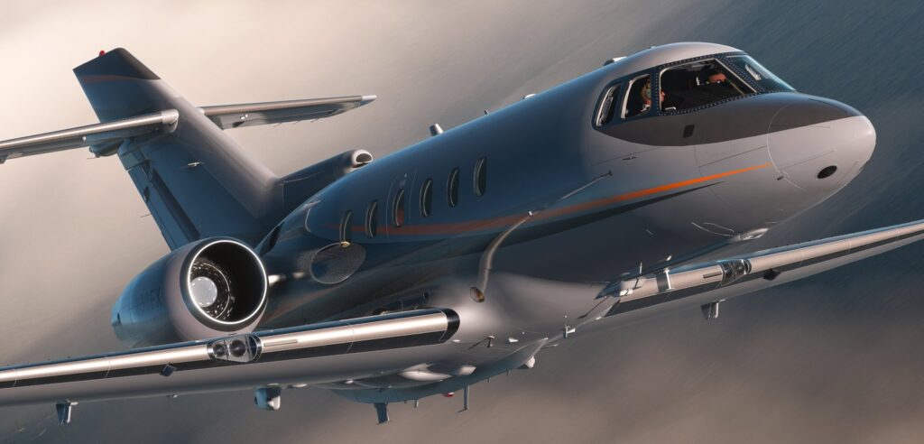 Vista frontal do FlightFX Hawker 800XP em voo