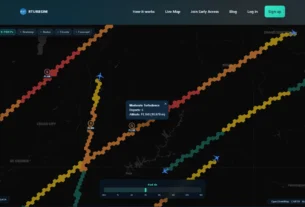 Mapa demonstrativo da RTurbSim com rotas aéreas e dados de turbulência.