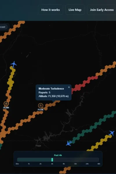 Mapa demonstrativo da RTurbSim com rotas aéreas e dados de turbulência.