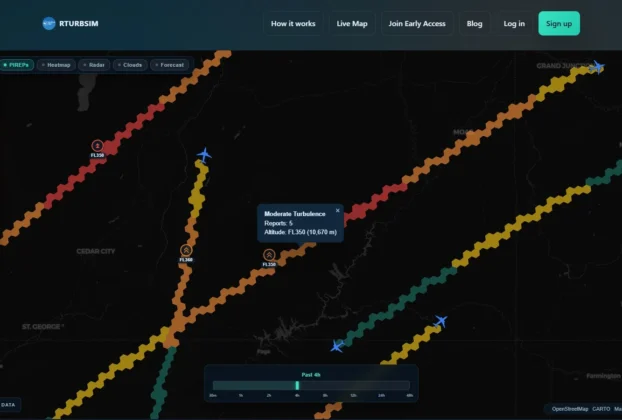 Mapa demonstrativo da RTurbSim com rotas aéreas e dados de turbulência.