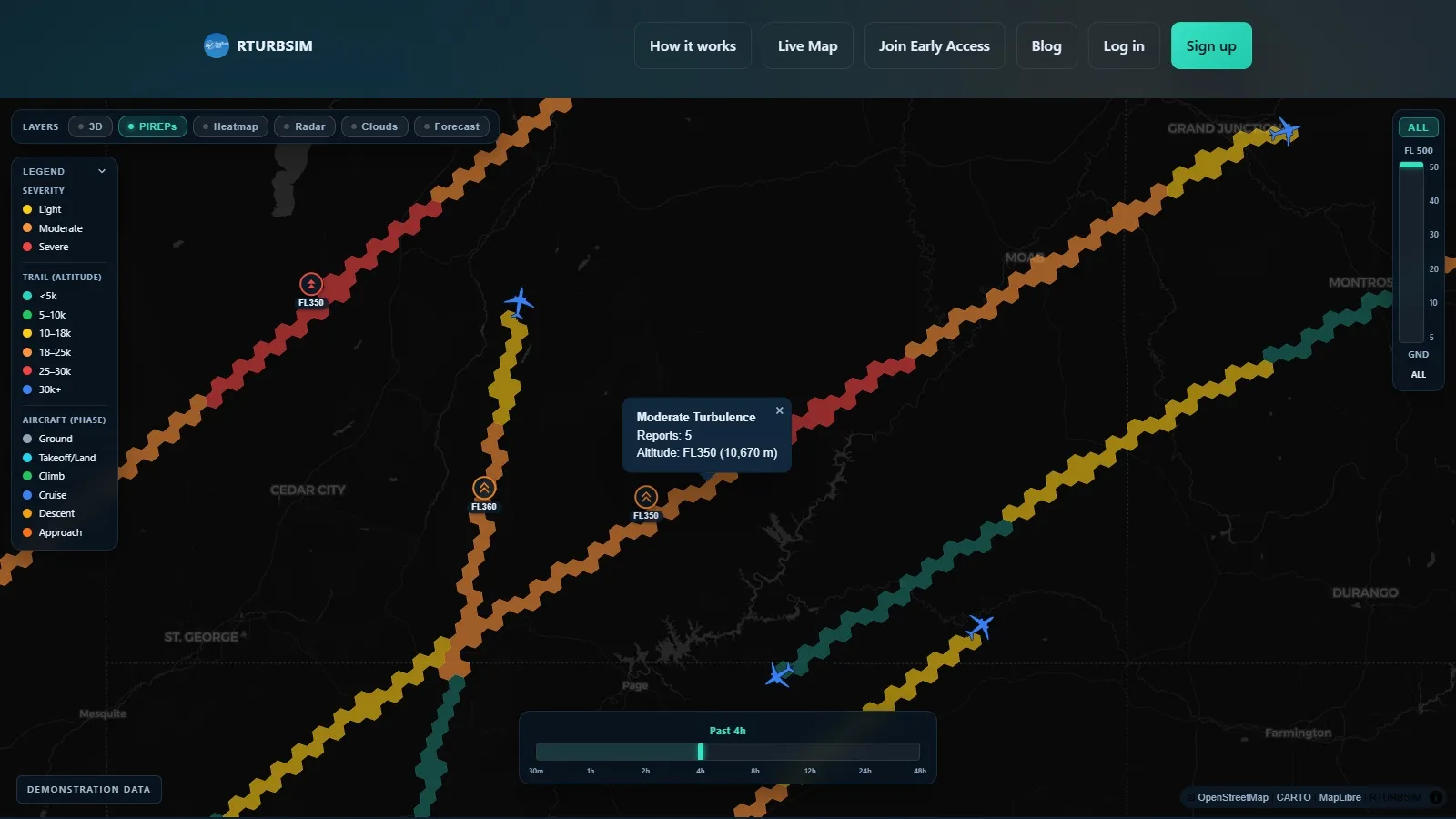 Mapa demonstrativo da RTurbSim com rotas aéreas e dados de turbulência.