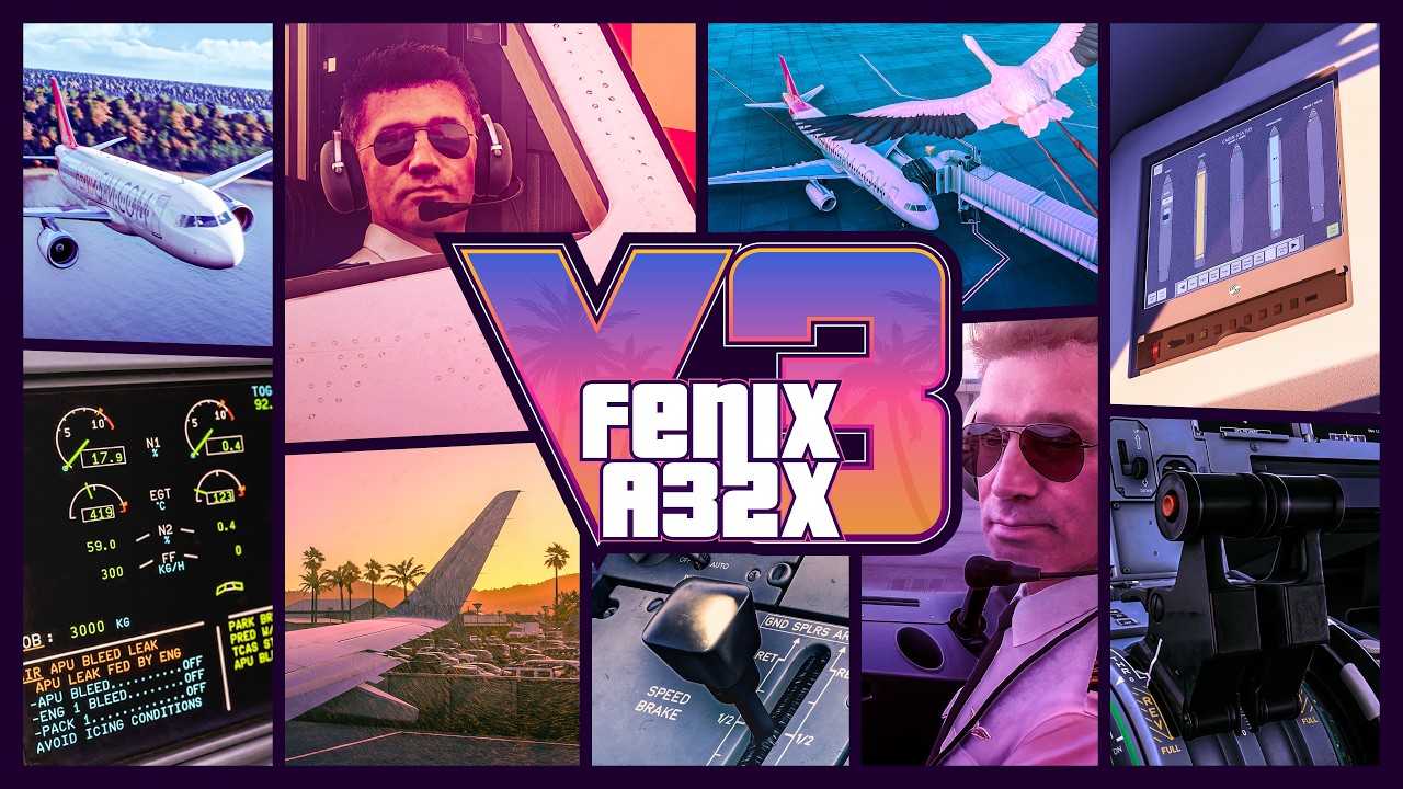 Imagem oficial do vídeo Fenix A320 Version 3, com aeronave e detalhes de cockpit e sistemas.