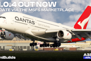 A380 da Qantas na arte oficial da iniBuilds para a atualização v1.0.4 do A380 Airliner no MSFS 2024