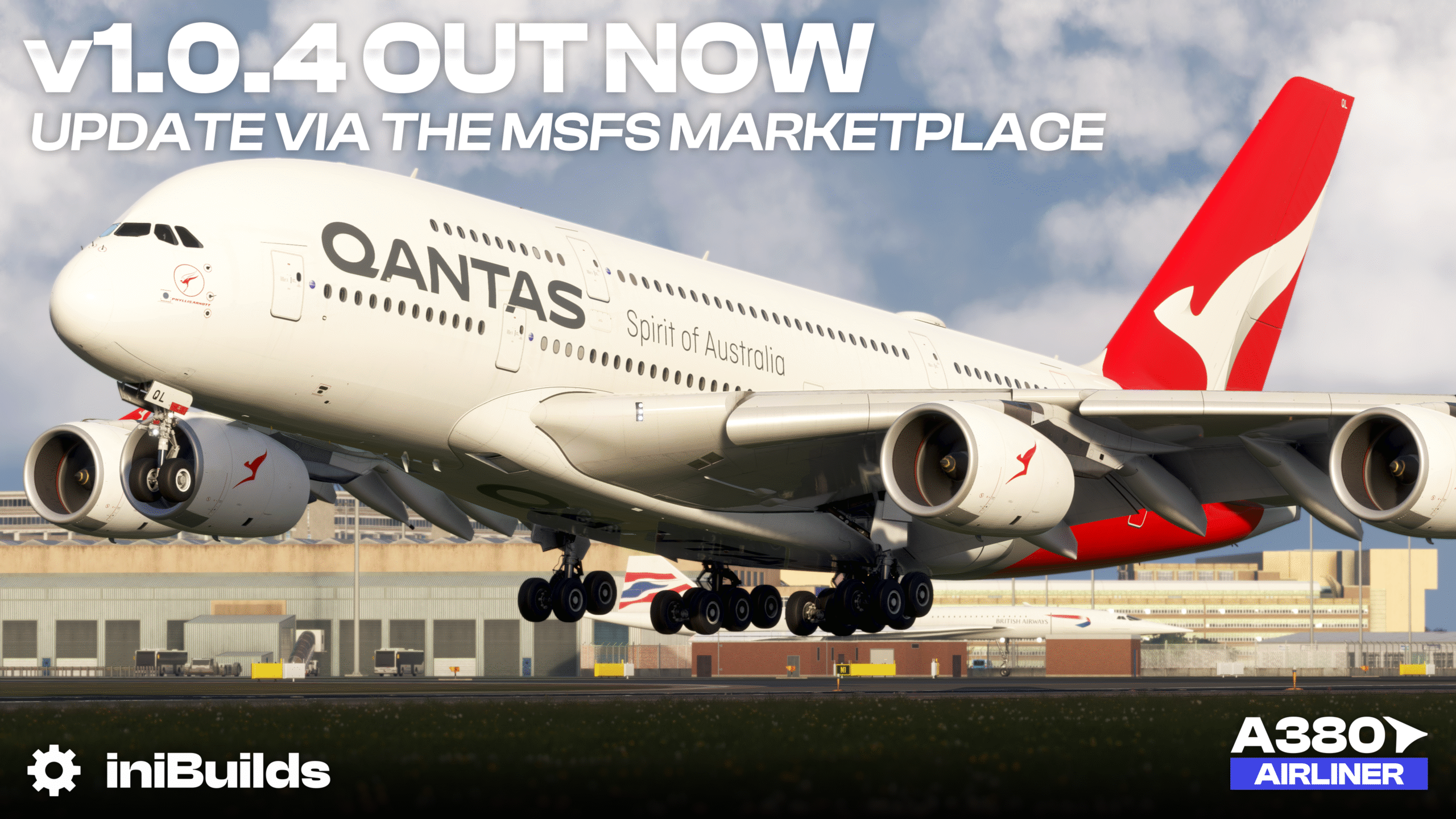 A380 da Qantas na arte oficial da iniBuilds para a atualização v1.0.4 do A380 Airliner no MSFS 2024